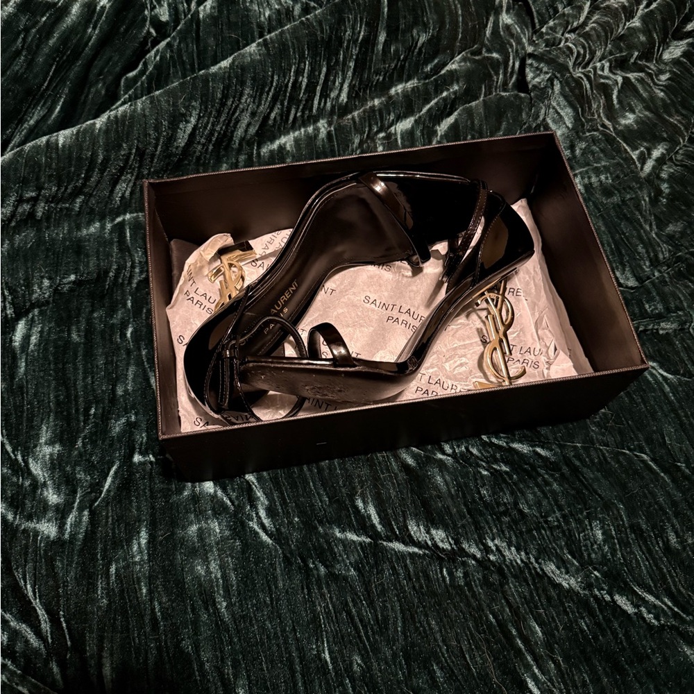 Yves Saint Laurent Black Heels with Gold Logo - Picture 3 of 4